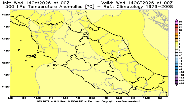 Mappa di analisi GFS - Anomalia Temperatura a 500 hPa in Centro-Italia
del 14 ottobre 2026 z00