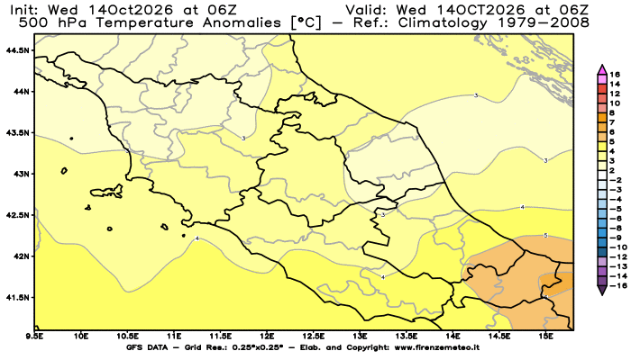 Mappa di analisi GFS - Anomalia Temperatura a 500 hPa in Centro-Italia
del 14 ottobre 2026 z06