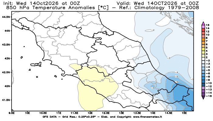 Mappa di analisi GFS - Anomalia Temperatura a 850 hPa in Centro-Italia
del 14 ottobre 2026 z00