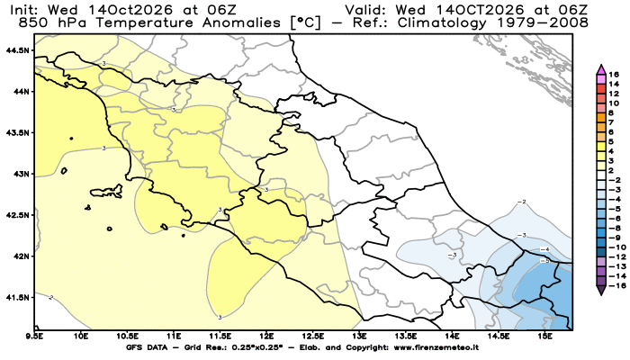Mappa di analisi GFS - Anomalia Temperatura a 850 hPa in Centro-Italia
del 14 ottobre 2026 z06