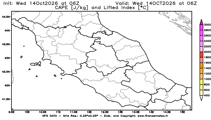 Mappa di analisi GFS - CAPE e Lifted Index in Centro-Italia
del 14 ottobre 2026 z06