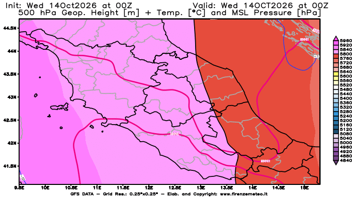 Mappa di analisi GFS - Geopotenziale + Temp. a 500 hPa + Press. a livello del mare in Centro-Italia
del 14 ottobre 2026 z00