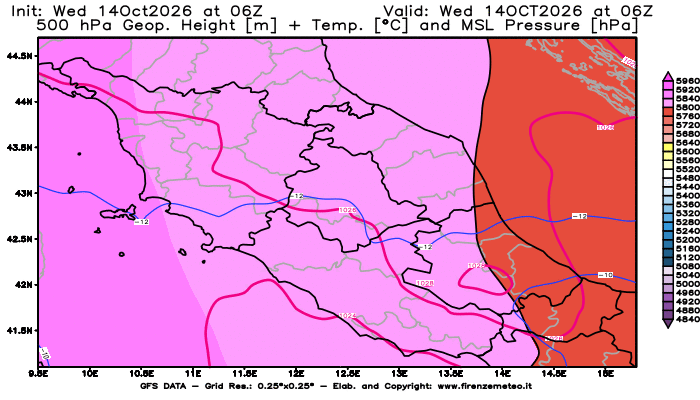 Mappa di analisi GFS - Geopotenziale + Temp. a 500 hPa + Press. a livello del mare in Centro-Italia
del 14 ottobre 2026 z06