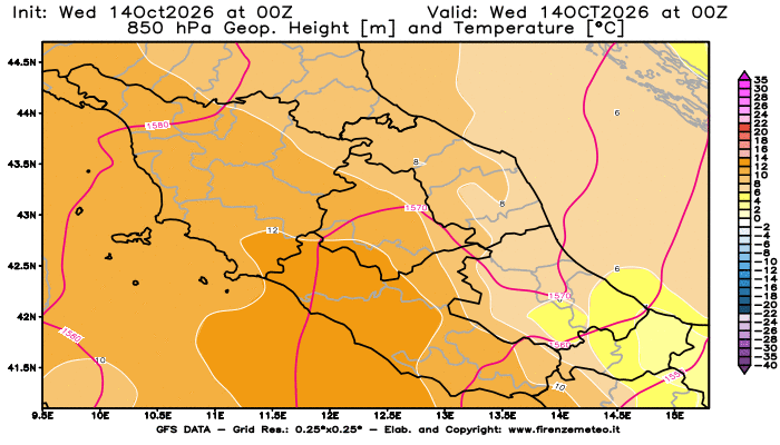Mappa di analisi GFS - Geopotenziale e Temperatura a 850 hPa in Centro-Italia
del 14 ottobre 2026 z00