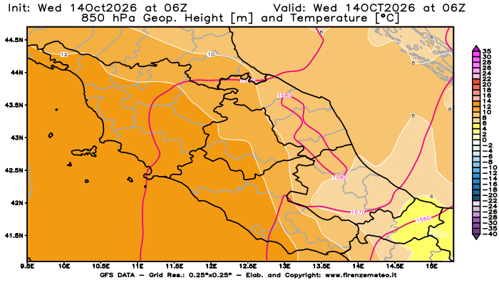 Mappa di analisi GFS - Geopotenziale e Temperatura a 850 hPa in Centro-Italia
del 14 ottobre 2026 z06