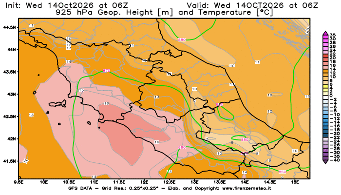 Mappa di analisi GFS - Geopotenziale e Temperatura a 925 hPa in Centro-Italia
del 14 ottobre 2026 z06