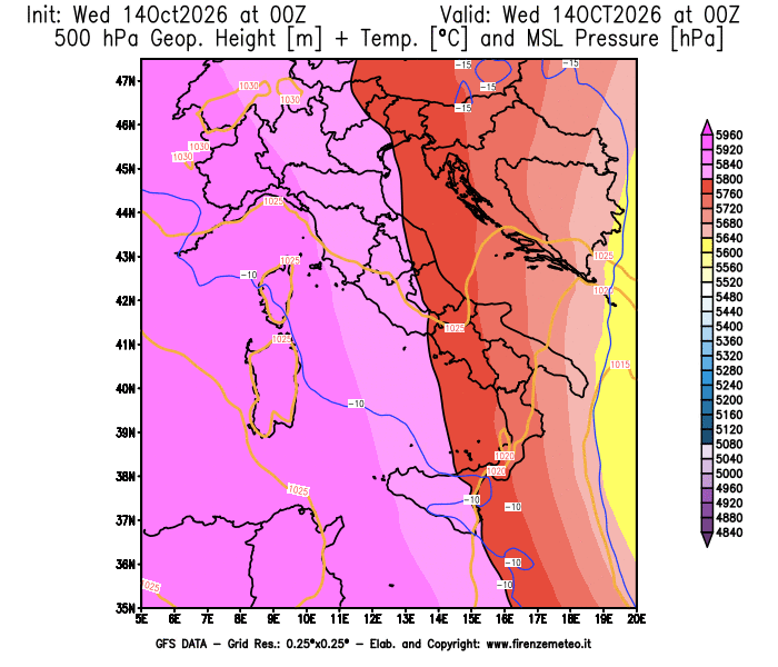 Mappa di analisi GFS - Geopotenziale + Temp. a 500 hPa + Press. a livello del mare in Italia
del 14 ottobre 2026 z00