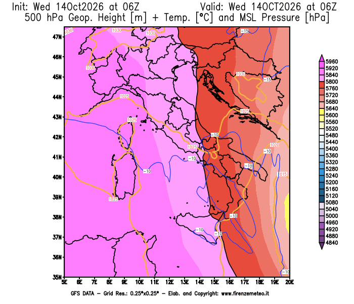 Mappa di analisi GFS - Geopotenziale + Temp. a 500 hPa + Press. a livello del mare in Italia
del 14 ottobre 2026 z06