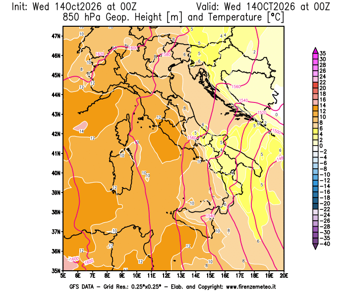Mappa di analisi GFS - Geopotenziale e Temperatura a 850 hPa in Italia
del 14 ottobre 2026 z00