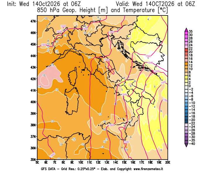 Mappa di analisi GFS - Geopotenziale e Temperatura a 850 hPa in Italia
del 14 ottobre 2026 z06
