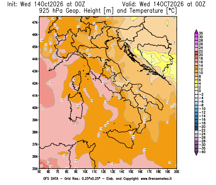 Mappa di analisi GFS - Geopotenziale e Temperatura a 925 hPa in Italia
del 14 ottobre 2026 z00