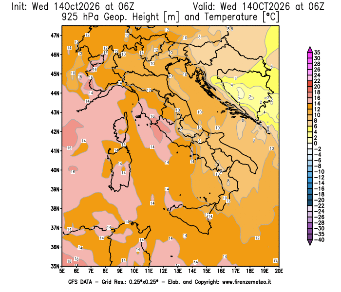 Mappa di analisi GFS - Geopotenziale e Temperatura a 925 hPa in Italia
del 14 ottobre 2026 z06