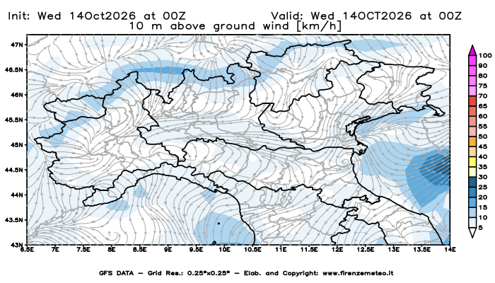 Mappa di analisi GFS - Velocità del vento a 10 metri dal suolo in Nord-Italia
del 14 ottobre 2026 z00