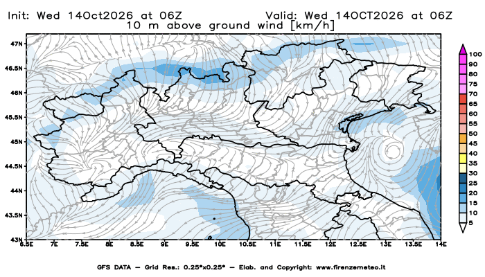 Mappa di analisi GFS - Velocità del vento a 10 metri dal suolo in Nord-Italia
del 14 ottobre 2026 z06