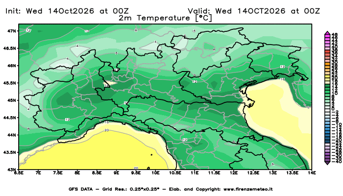 Mappa di analisi GFS - Temperatura a 2 metri dal suolo in Nord-Italia
del 14 ottobre 2026 z00