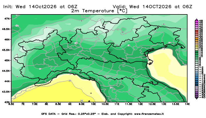 Mappa di analisi GFS - Temperatura a 2 metri dal suolo in Nord-Italia
del 14 ottobre 2026 z06