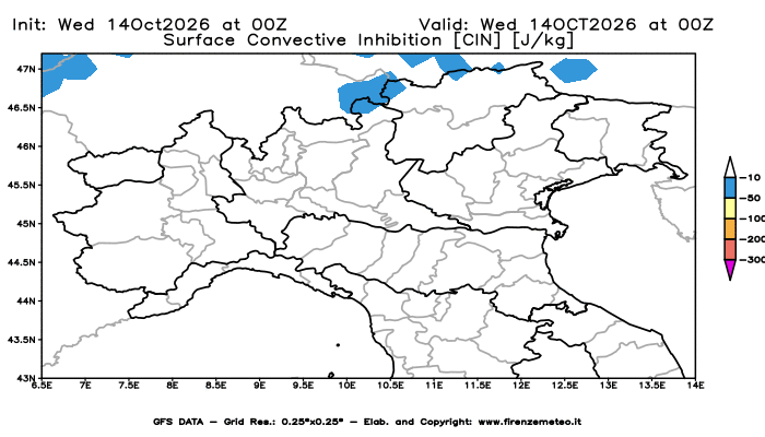 Mappa di analisi GFS - CIN in Nord-Italia
del 14 ottobre 2026 z00