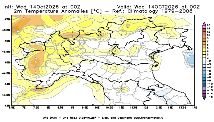 Mappa di analisi GFS - Anomalia Temperatura a 2 m in Nord-Italia
del 14 ottobre 2026 z00