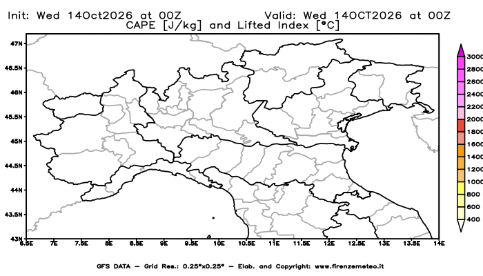 Mappa di analisi GFS - CAPE e Lifted Index in Nord-Italia
del 14 ottobre 2026 z00