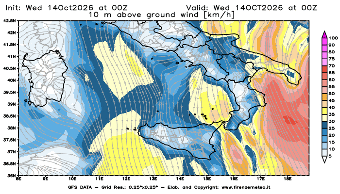 Mappa di analisi GFS - Velocità del vento a 10 metri dal suolo in Sud-Italia
del 14 ottobre 2026 z00