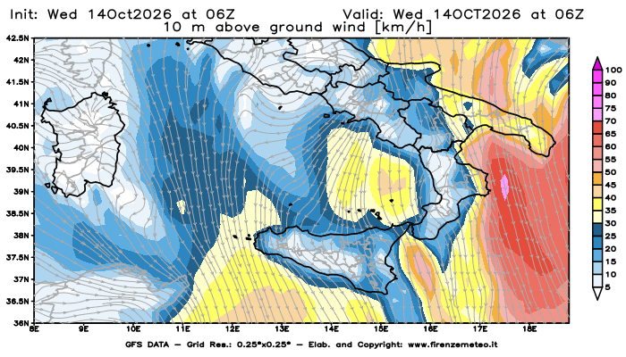 Mappa di analisi GFS - Velocità del vento a 10 metri dal suolo in Sud-Italia
del 14 ottobre 2026 z06