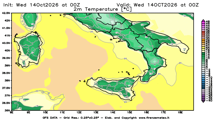 Mappa di analisi GFS - Temperatura a 2 metri dal suolo in Sud-Italia
del 14 ottobre 2026 z00