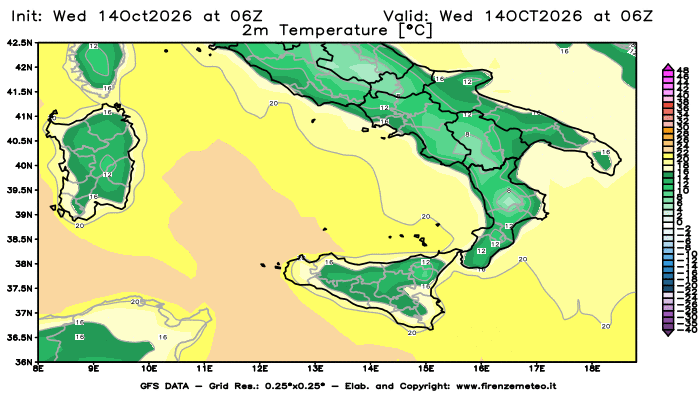 Mappa di analisi GFS - Temperatura a 2 metri dal suolo in Sud-Italia
del 14 ottobre 2026 z06