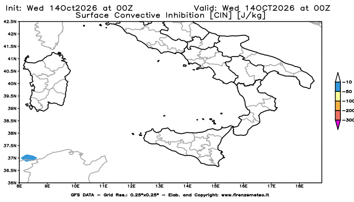 Mappa di analisi GFS - CIN in Sud-Italia
del 14 ottobre 2026 z00