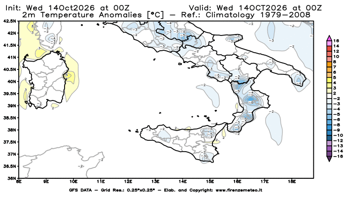 Mappa di analisi GFS - Anomalia Temperatura a 2 m in Sud-Italia
del 14 ottobre 2026 z00