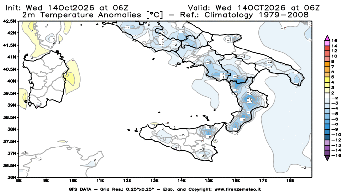 Mappa di analisi GFS - Anomalia Temperatura a 2 m in Sud-Italia
del 14 ottobre 2026 z06