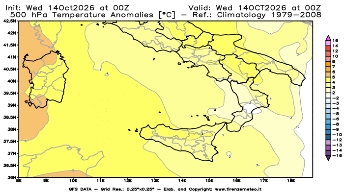 Mappa di analisi GFS - Anomalia Temperatura a 500 hPa in Sud-Italia
del 14 ottobre 2026 z00