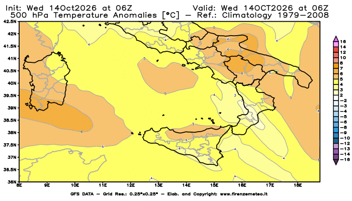 Mappa di analisi GFS - Anomalia Temperatura a 500 hPa in Sud-Italia
del 14 ottobre 2026 z06