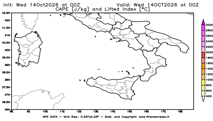 Mappa di analisi GFS - CAPE e Lifted Index in Sud-Italia
del 14 ottobre 2026 z00