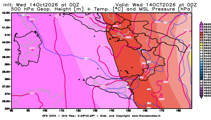 Mappa di analisi GFS - Geopotenziale + Temp. a 500 hPa + Press. a livello del mare in Sud-Italia
del 14 ottobre 2026 z00