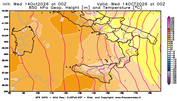 Mappa di analisi GFS - Geopotenziale e Temperatura a 850 hPa in Sud-Italia
del 14 ottobre 2026 z00