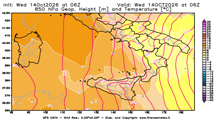 Mappa di analisi GFS - Geopotenziale e Temperatura a 850 hPa in Sud-Italia
del 14 ottobre 2026 z06