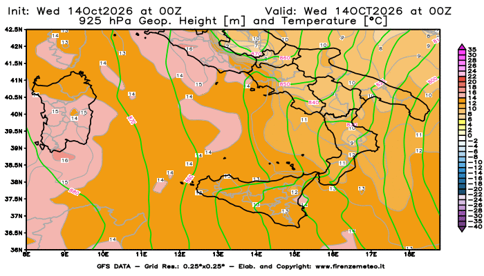 Mappa di analisi GFS - Geopotenziale e Temperatura a 925 hPa in Sud-Italia
del 14 ottobre 2026 z00