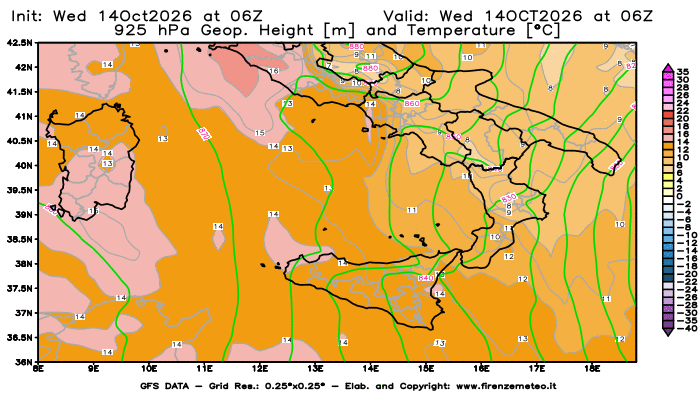Mappa di analisi GFS - Geopotenziale e Temperatura a 925 hPa in Sud-Italia
del 14 ottobre 2026 z06
