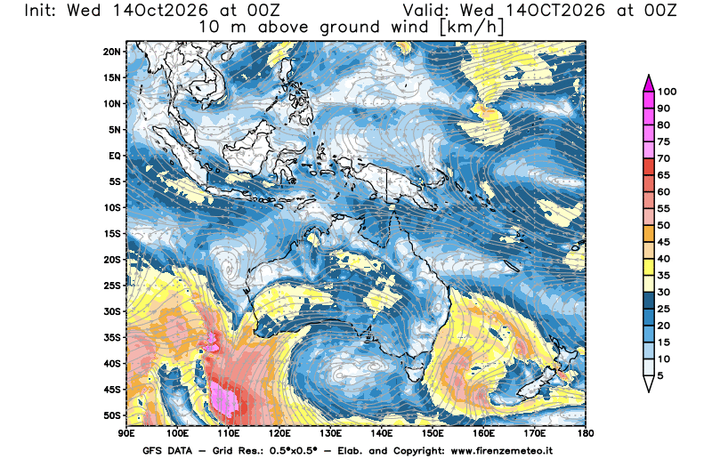 Mappa di analisi GFS - Velocità del vento a 10 metri dal suolo in Oceania
del 14 ottobre 2026 z00