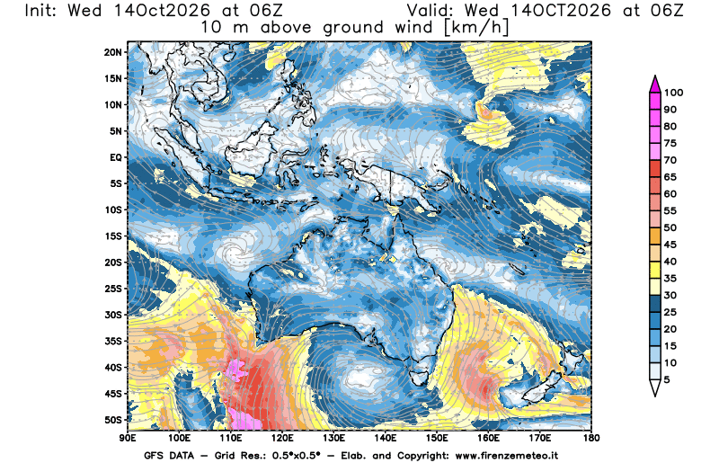 Mappa di analisi GFS - Velocità del vento a 10 metri dal suolo in Oceania
del 14 ottobre 2026 z06