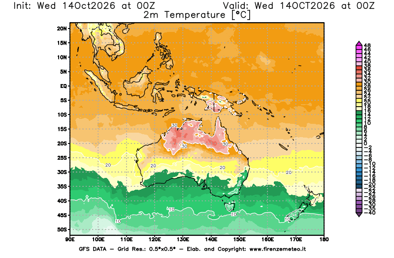 Mappa di analisi GFS - Temperatura a 2 metri dal suolo in Oceania
del 14 ottobre 2026 z00