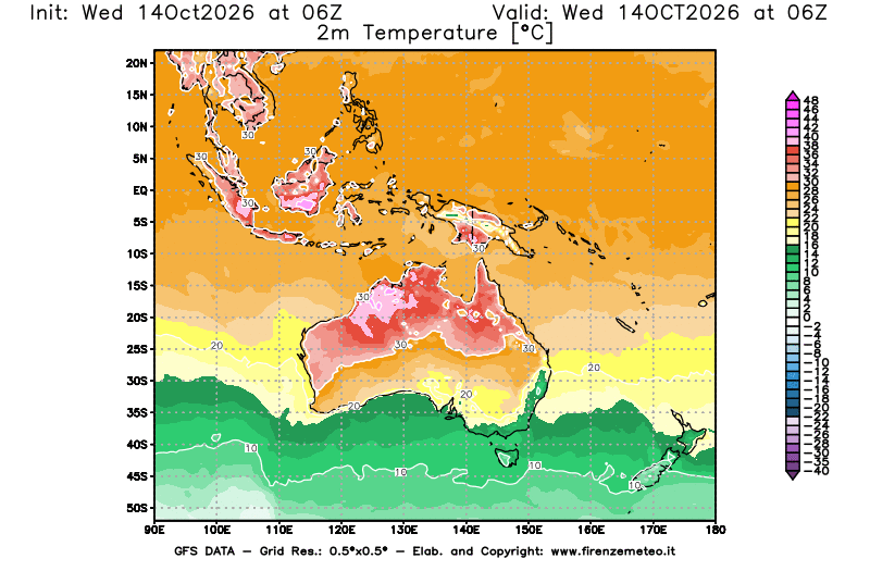 Mappa di analisi GFS - Temperatura a 2 metri dal suolo in Oceania
del 14 ottobre 2026 z06