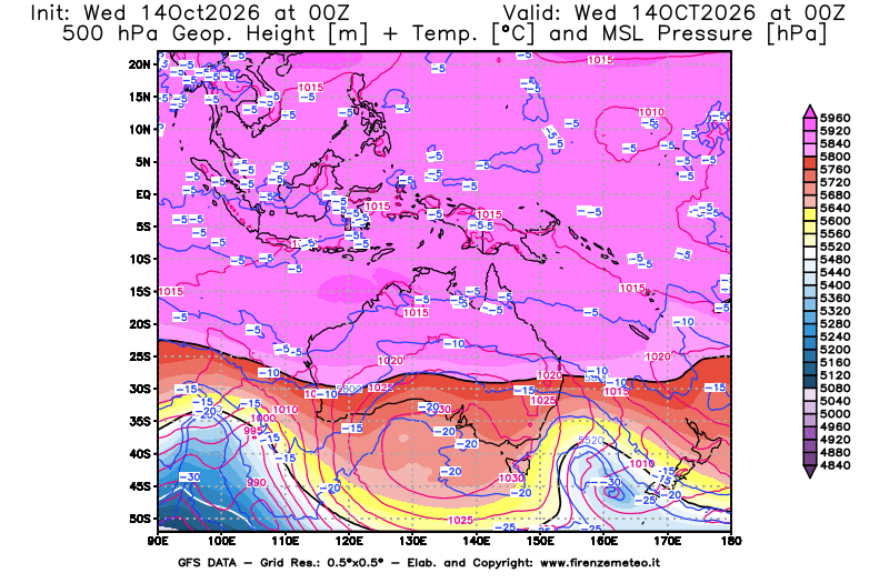Mappa di analisi GFS - Geopotenziale + Temp. a 500 hPa + Press. a livello del mare in Oceania
del 14 ottobre 2026 z00