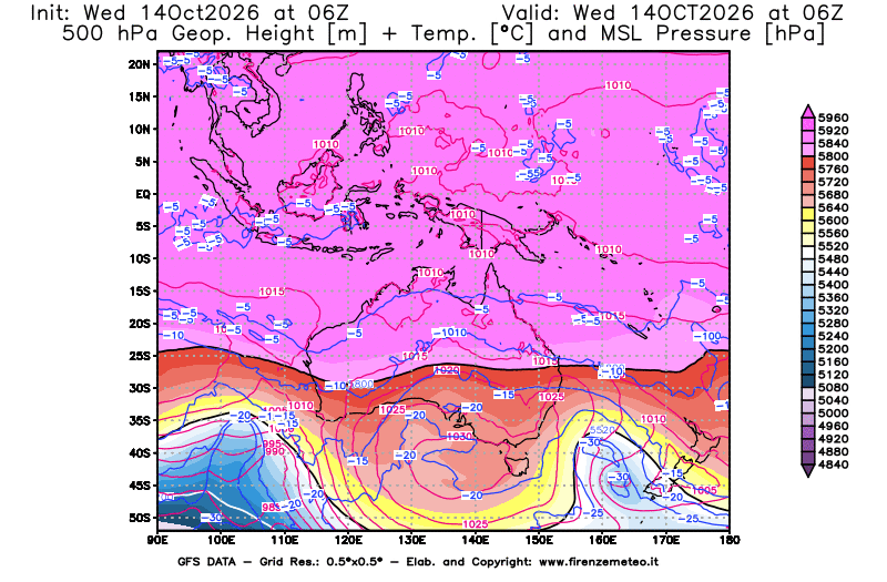 Mappa di analisi GFS - Geopotenziale + Temp. a 500 hPa + Press. a livello del mare in Oceania
del 14 ottobre 2026 z06