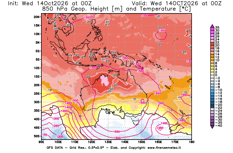 Mappa di analisi GFS - Geopotenziale e Temperatura a 850 hPa in Oceania
del 14 ottobre 2026 z00
