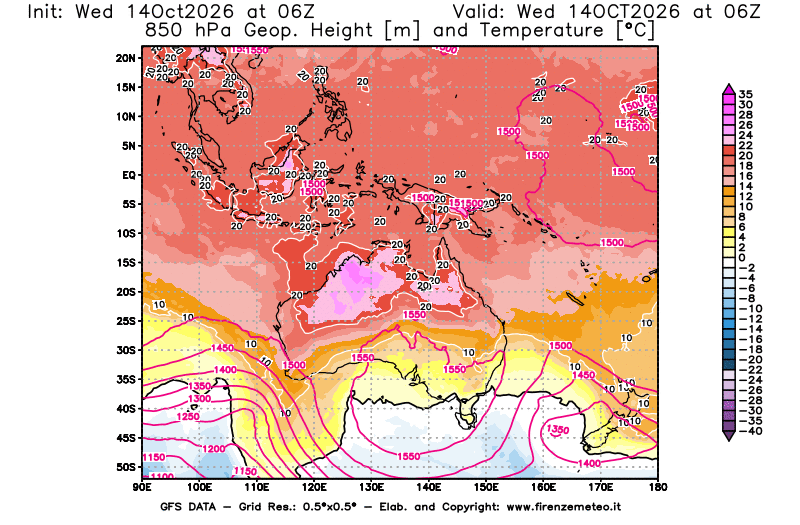 Mappa di analisi GFS - Geopotenziale e Temperatura a 850 hPa in Oceania
del 14 ottobre 2026 z06
