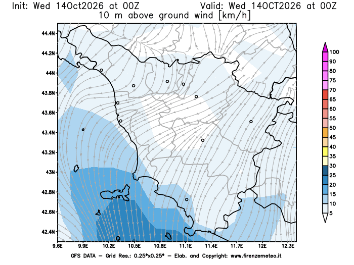 Mappa di analisi GFS - Velocità del vento a 10 metri dal suolo in Toscana
del 14 ottobre 2026 z00