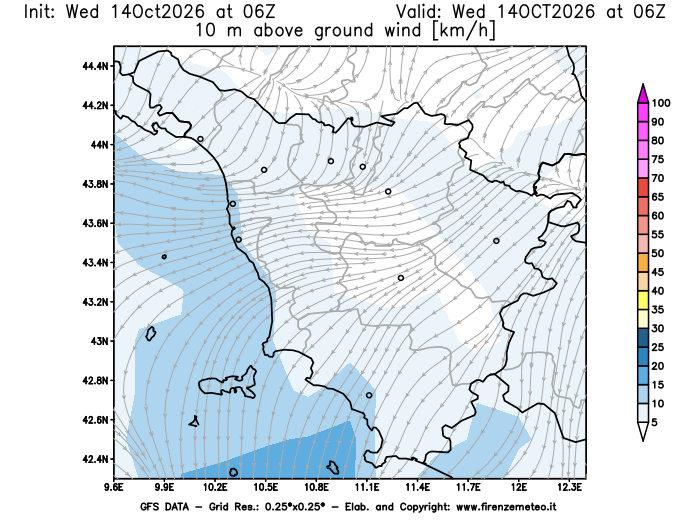 Mappa di analisi GFS - Velocità del vento a 10 metri dal suolo in Toscana
del 14 ottobre 2026 z06