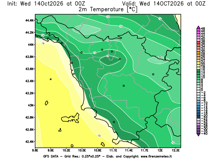 Mappa di analisi GFS - Temperatura a 2 metri dal suolo in Toscana
del 14 ottobre 2026 z00