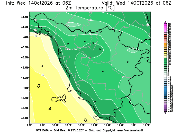 Mappa di analisi GFS - Temperatura a 2 metri dal suolo in Toscana
del 14 ottobre 2026 z06